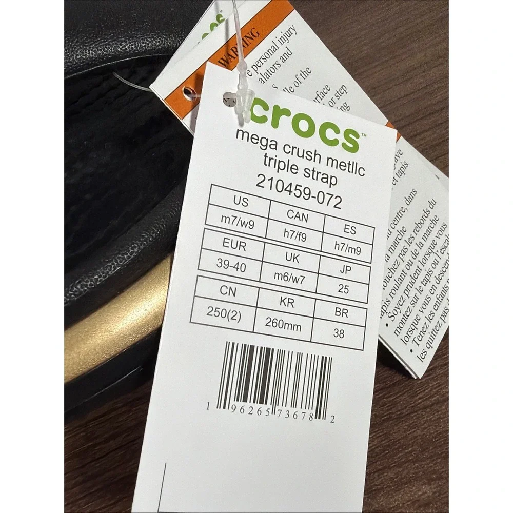 Crocs Mega‎ Crush Triple Strap Men's 7 / Women's 9 Metallic Black/Gold Sandals